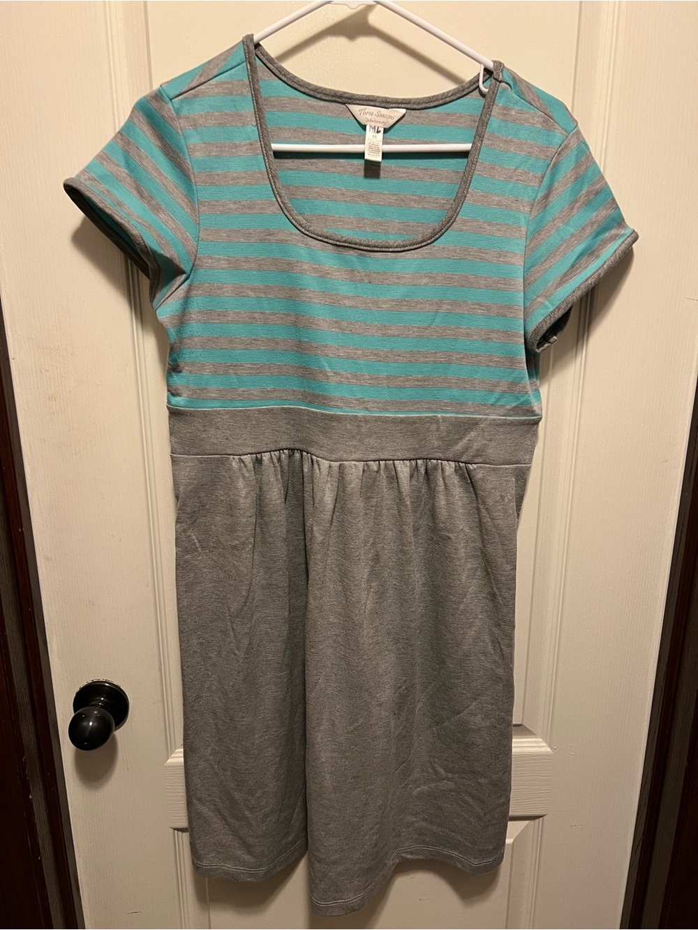Three Seasons Maternity Teal and Gray Striped Scoop Neck Dress